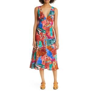 Farm Rio Animal Collage Button Front Midi Dress, Size Medium